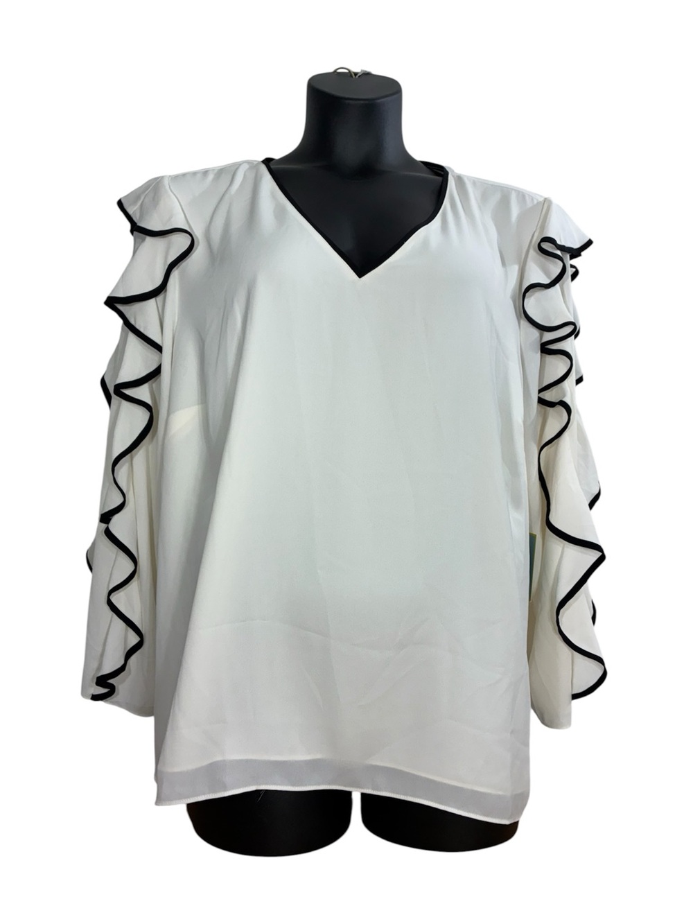 CeCe White V-Neck Blouse with Black-Trim Ruffle Sleeves